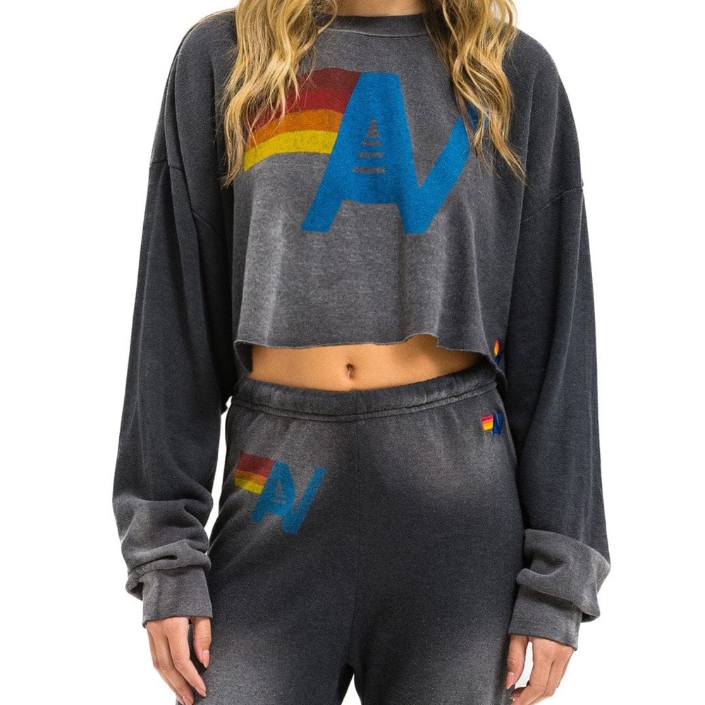 NWT Aviator Nation Vintage Logo Faded Smoke SET Cropped Crew M//Sweatpants S - Picture 1 of 8